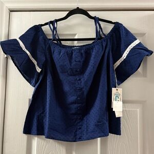 🆕 Rockin C Navy Blue Off The Shoulder Textured Blouse Size Medium